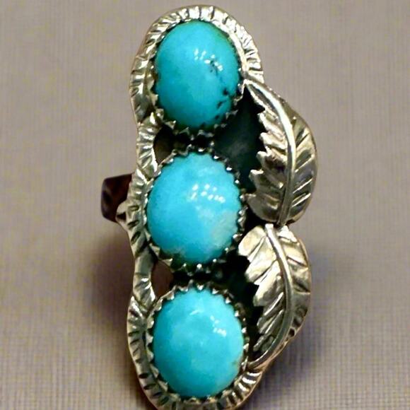 Three Stone Turquoise Sterling Silver Ring Size 9 - Picture 2 of 7